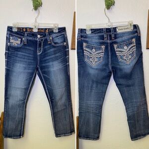 Rock Revival Delara Mid-Rise Curvy Crop Bling Jeans Women's 27 Fleur De Lis Stud